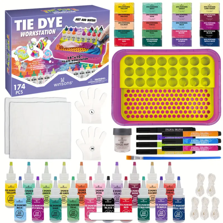 WINSONS Tie Dye Workstation 174pcs Set, 20 Bottles & Refills, 1 UV Acrylic Paint, DIY Fabric Art Kit