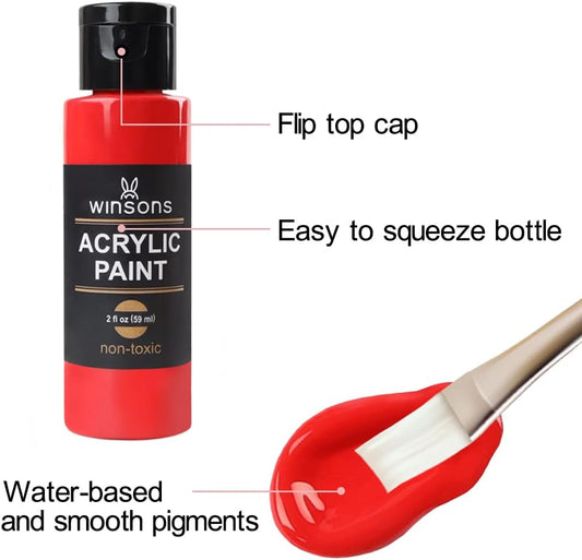WINSONS 24 Color Acrylic Paint Set (59ml/2fl oz Bottles), Non Toxic Craft Paint for Canvas, Ceramic, Wood & Fabric