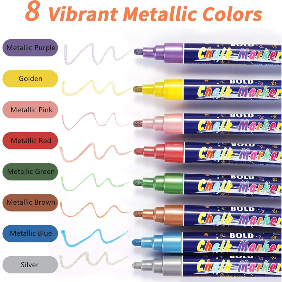 8 Metallic Colors Bold Chalk Dual Tip Liquid Marker Pen