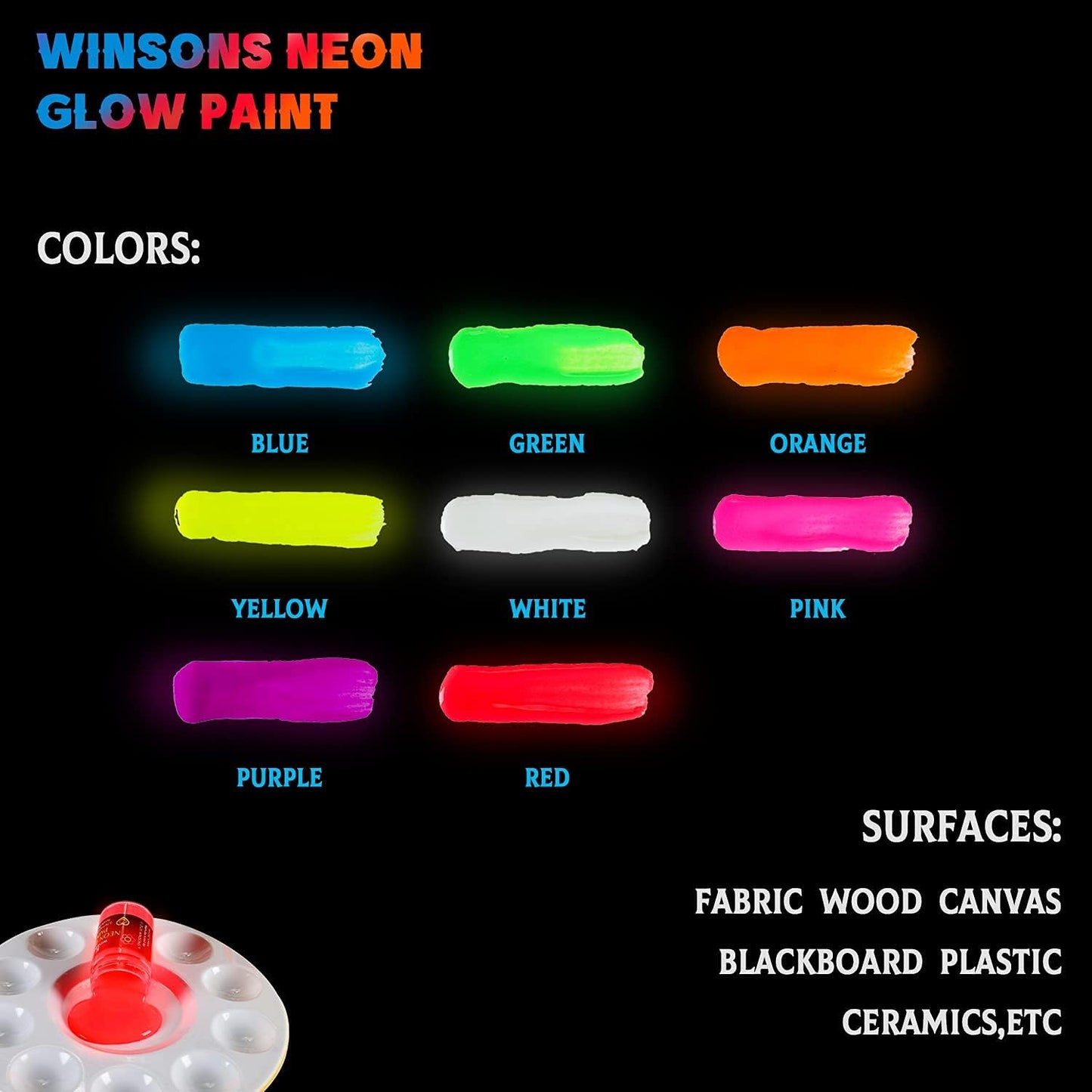 WINSONS Glow in the Dark 8-Color Paint Set, Non-Toxic & Long-Lasting (22ml/0.74 fl. oz.), Neon Paints for Fabric, Canvas & Wood