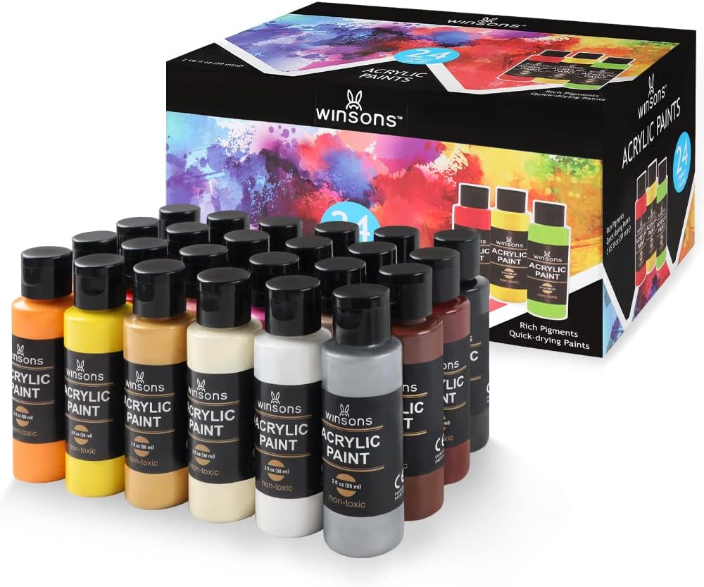 WINSONS 24 Color Acrylic Paint Set (59ml/2fl oz Bottles), Non Toxic Craft Paint for Canvas, Ceramic, Wood & Fabric
