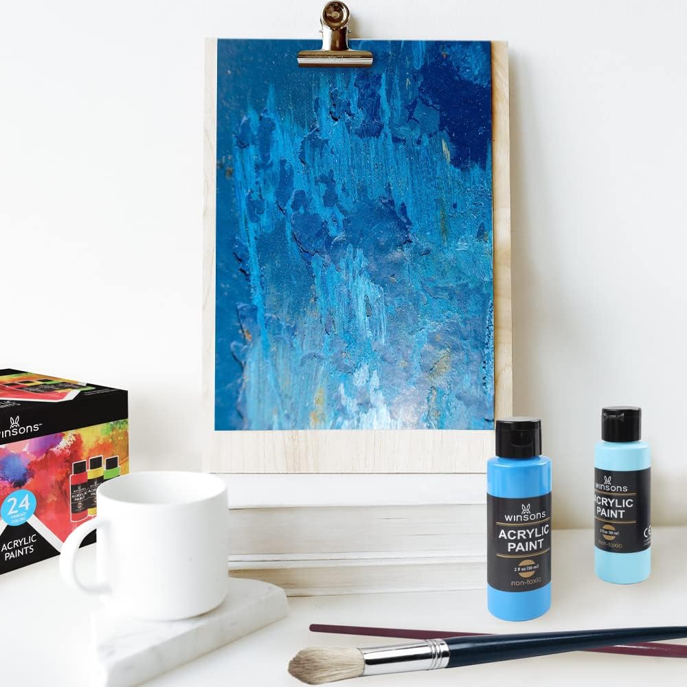 WINSONS 24 Color Acrylic Paint Set (59ml/2fl oz Bottles), Non Toxic Craft Paint for Canvas, Ceramic, Wood & Fabric