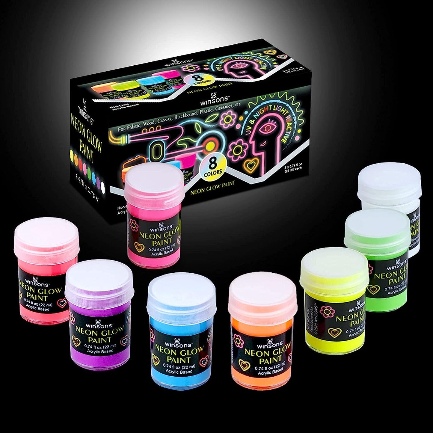 WINSONS Glow in the Dark 8-Color Paint Set, Non-Toxic & Long-Lasting (22ml/0.74 fl. oz.), Neon Paints for Fabric, Canvas & Wood
