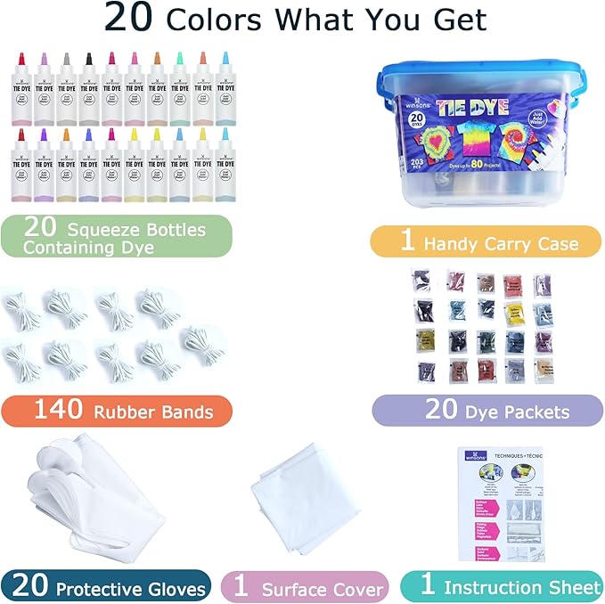 WINSONS 20 Color Tie Dye Kit Set Permanent Fabric Art for Kids and Adults