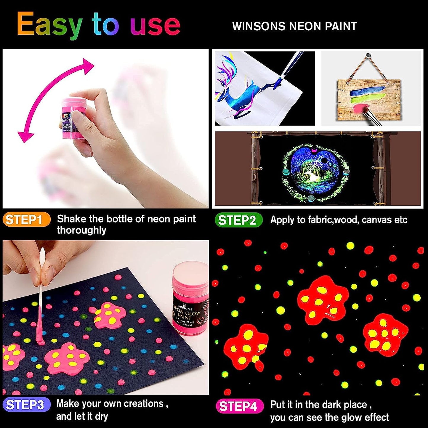 WINSONS Glow in the Dark 8-Color Paint Set, Non-Toxic & Long-Lasting (22ml/0.74 fl. oz.), Neon Paints for Fabric, Canvas & Wood