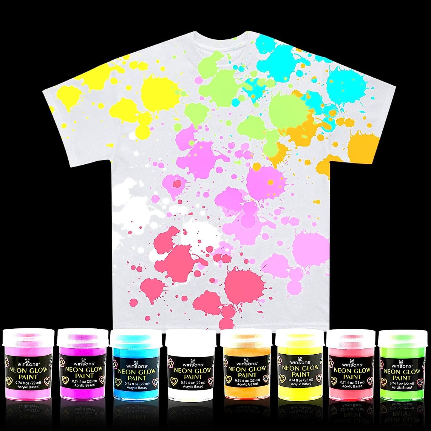 WINSONS Glow in the Dark 8-Color Paint Set, Non-Toxic & Long-Lasting (22ml/0.74 fl. oz.), Neon Paints for Fabric, Canvas & Wood
