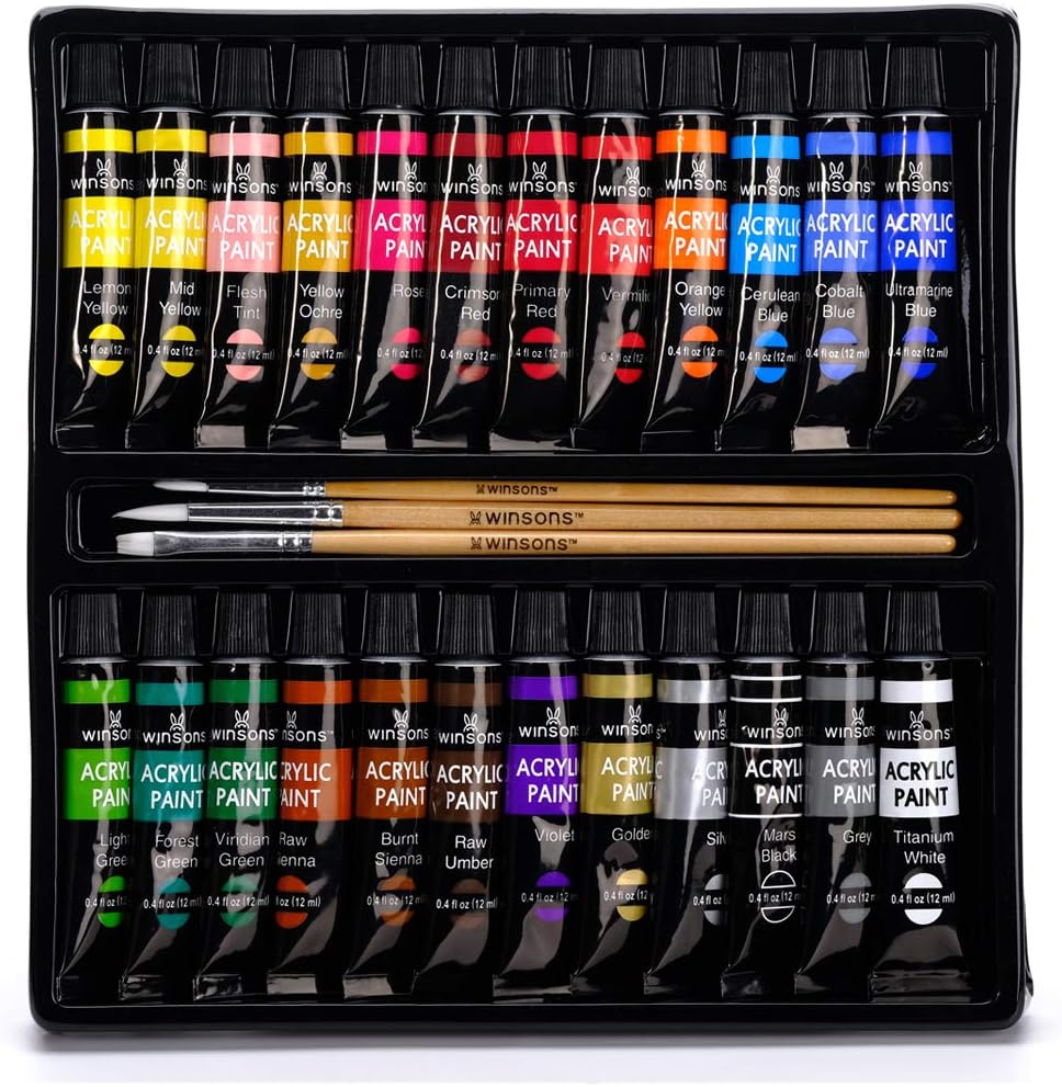 WINSONS Acrylic Paint Set w/ 3 Bonus Brushes (12 mL/0.4 oz)