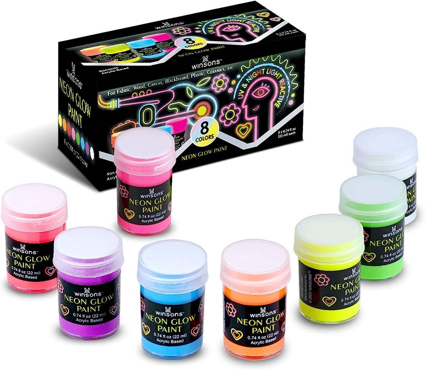 WINSONS Glow in the Dark 8 Color Paint Set, Non Toxic & Long Lasting (22ml/0.74 fl. oz.), Neon Paints for Fabric, Canvas & Wood