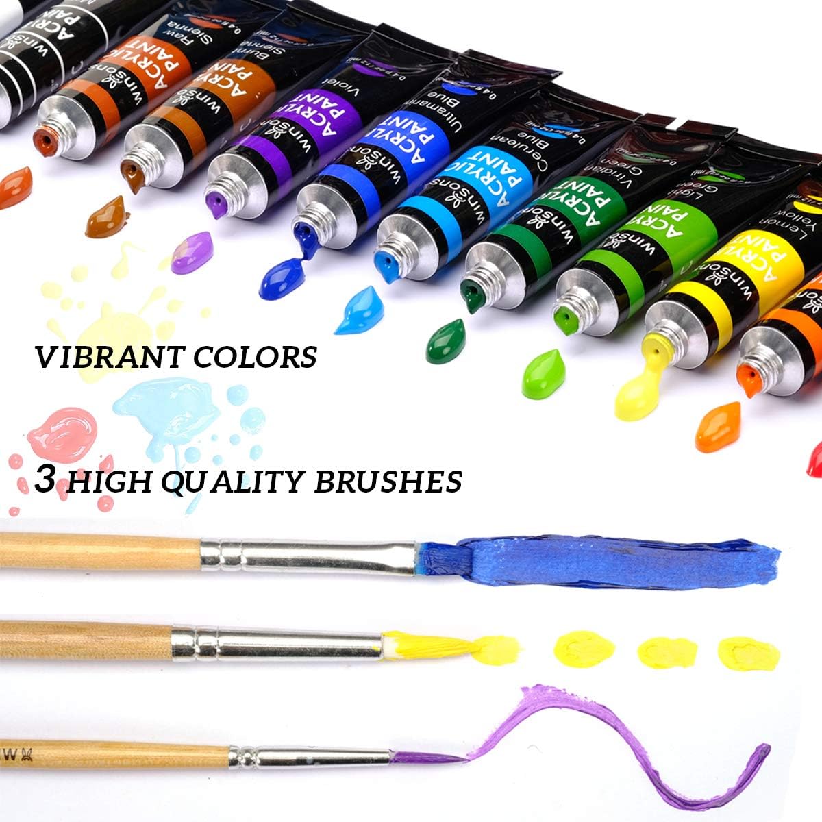 WINSONS Acrylic Paint Set w/ 3 Bonus Brushes (12 mL/0.4 oz)