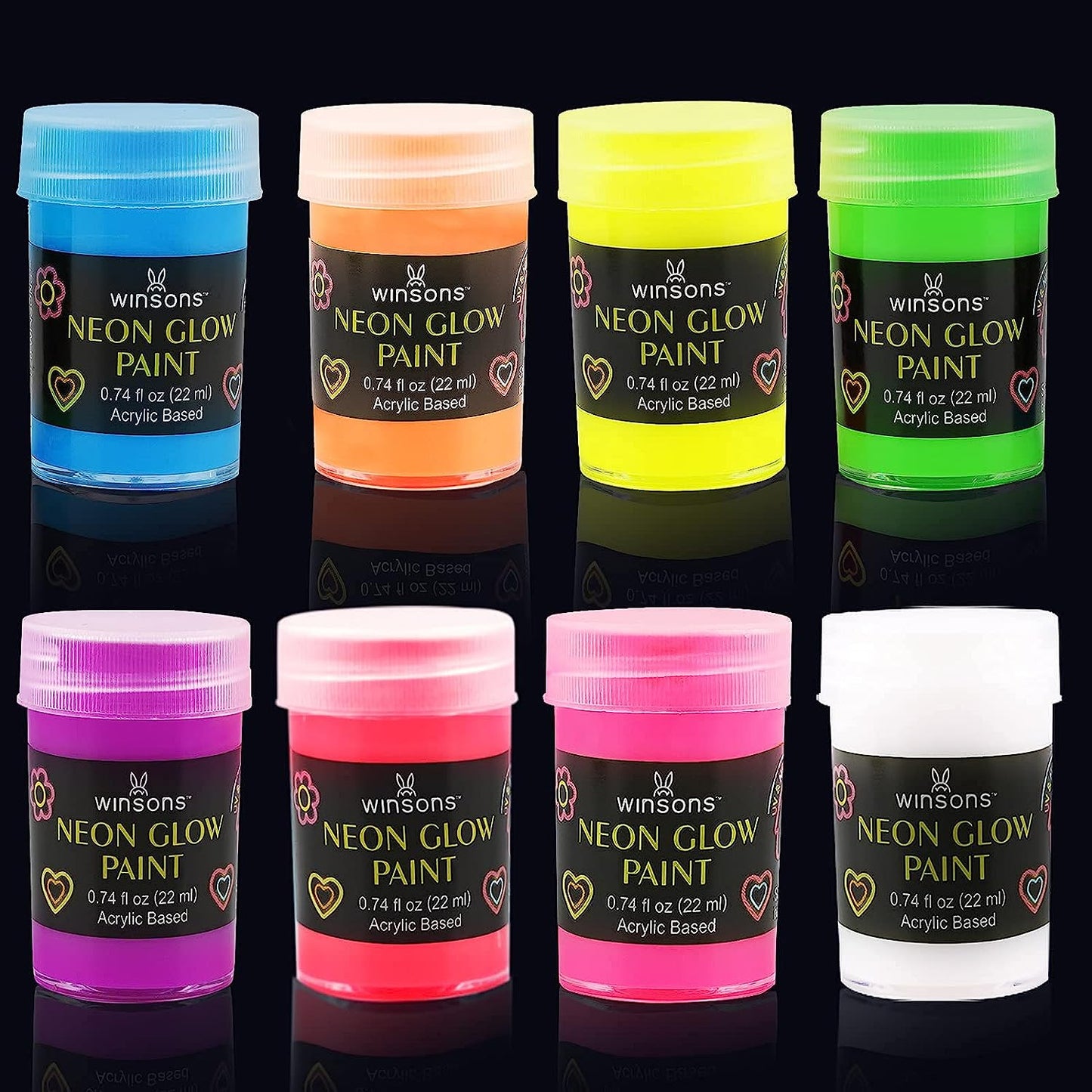 WINSONS Glow in the Dark 8-Color Paint Set, Non-Toxic & Long-Lasting (22ml/0.74 fl. oz.), Neon Paints for Fabric, Canvas & Wood