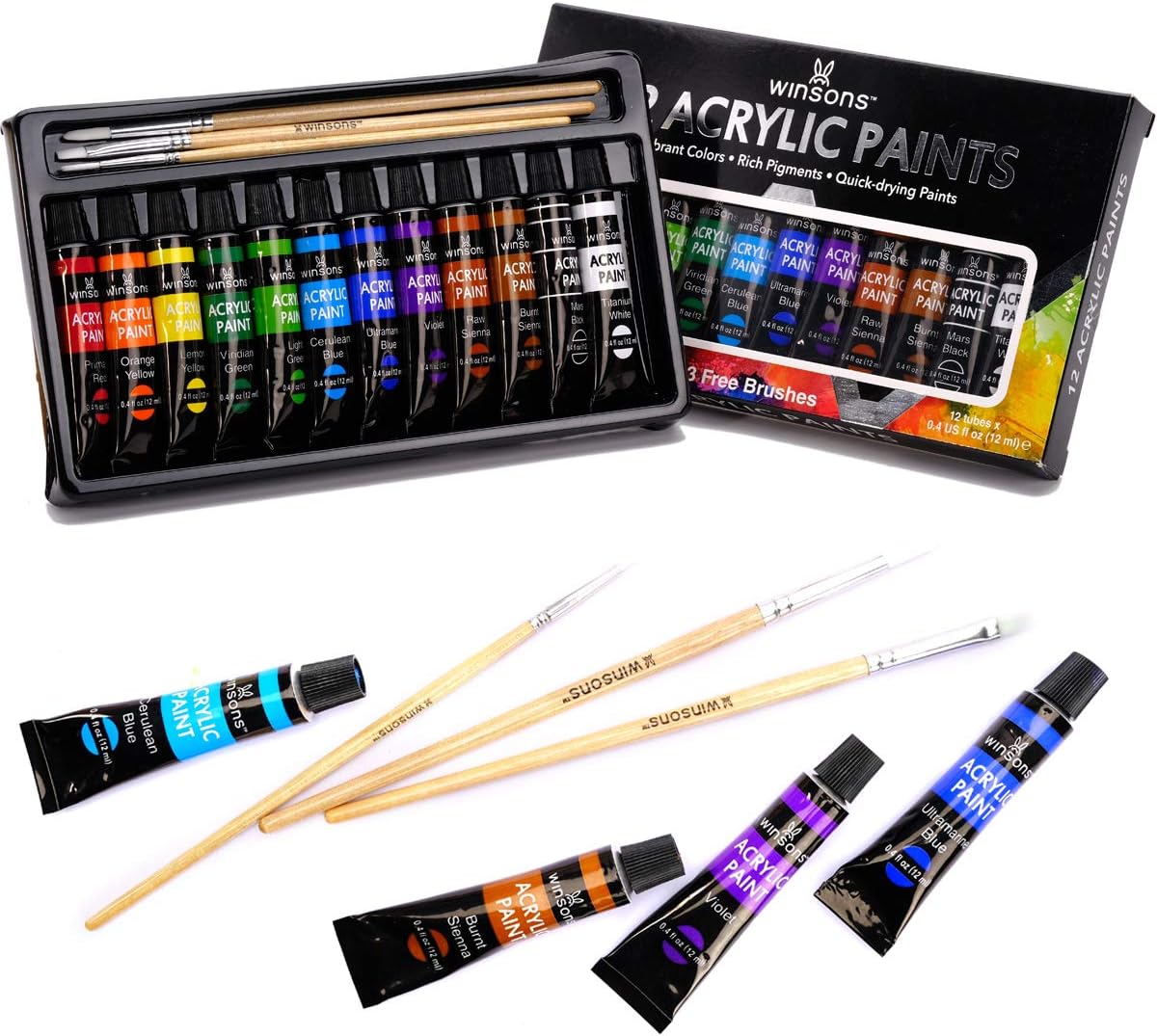 WINSONS Acrylic Paint Set w/ 3 Bonus Brushes (12 mL/0.4 oz)