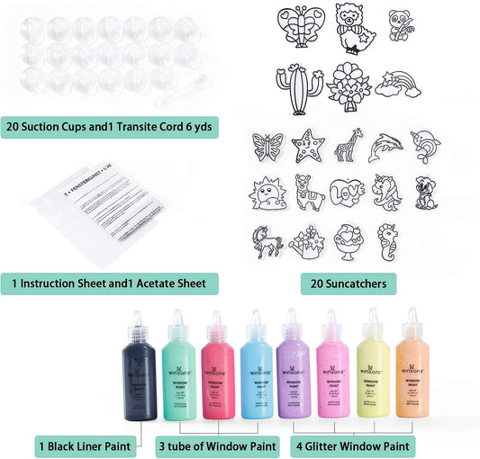 WINSONS All-in-One Window Art Paint Set - 8 Colors, 20 Sparkling Crafts Kit for Kids & DIY Projects