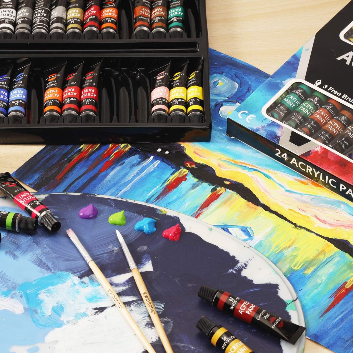 WINSONS Acrylic Paint Set w/ 3 Bonus Brushes (12 mL/0.4 oz)