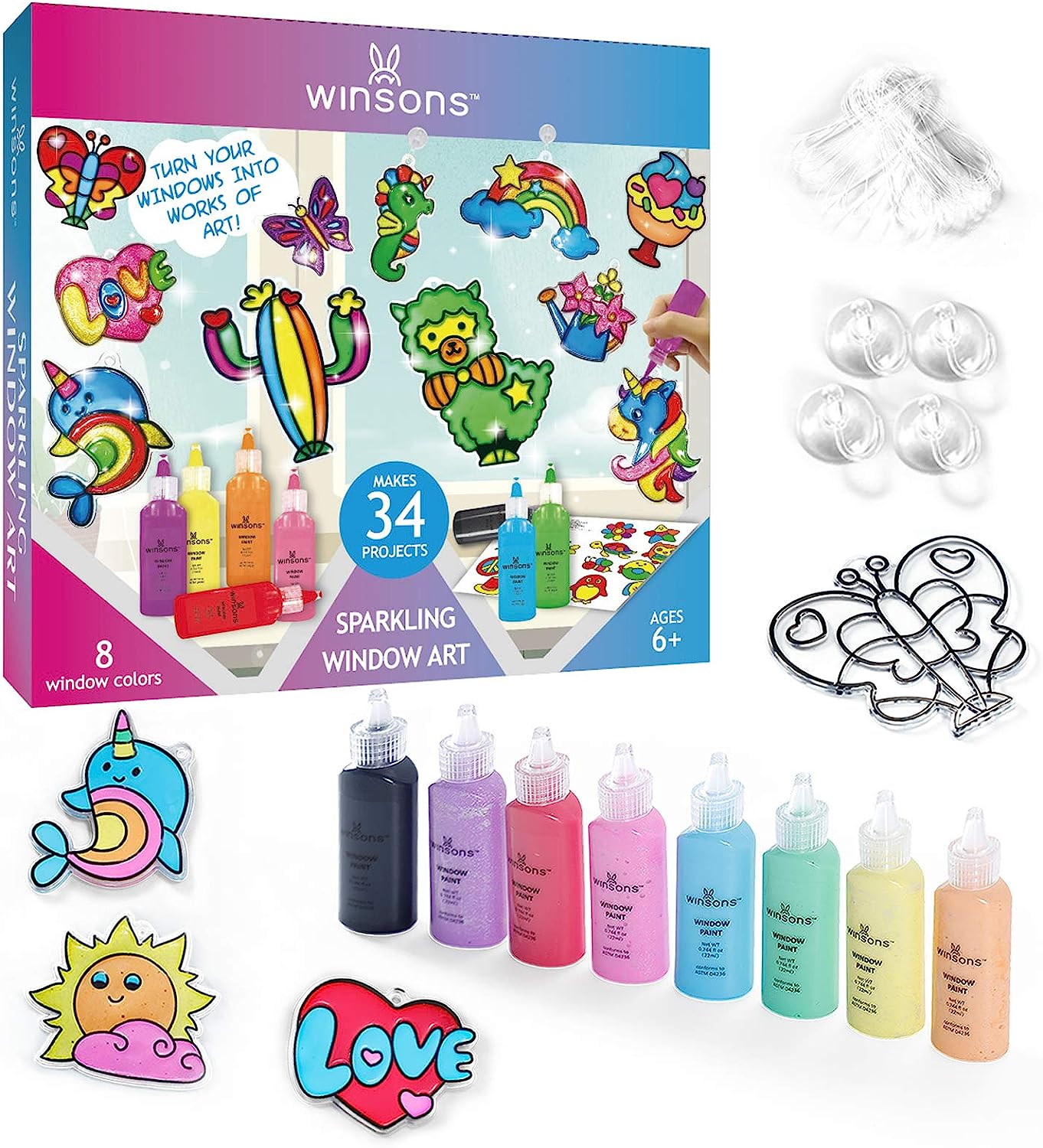 WINSONS All-in-One Window Art Paint Set - 8 Colors, 20 Sparkling Crafts Kit for Kids & DIY Projects