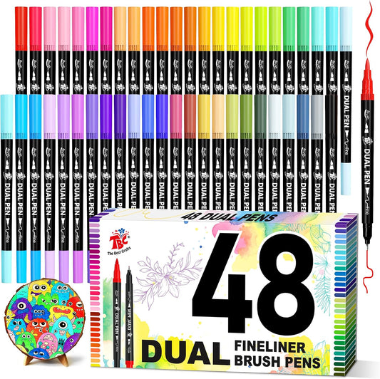 TBC Brush Pens for Adult Coloring Books, 48, 168 Colors Dual Tip Art Markers – Fine Tip for Outlining + Brush Tip for Coloring, Water-Based Non-Bleeding Markers for Journaling, Calligraphy, Hand Lettering
