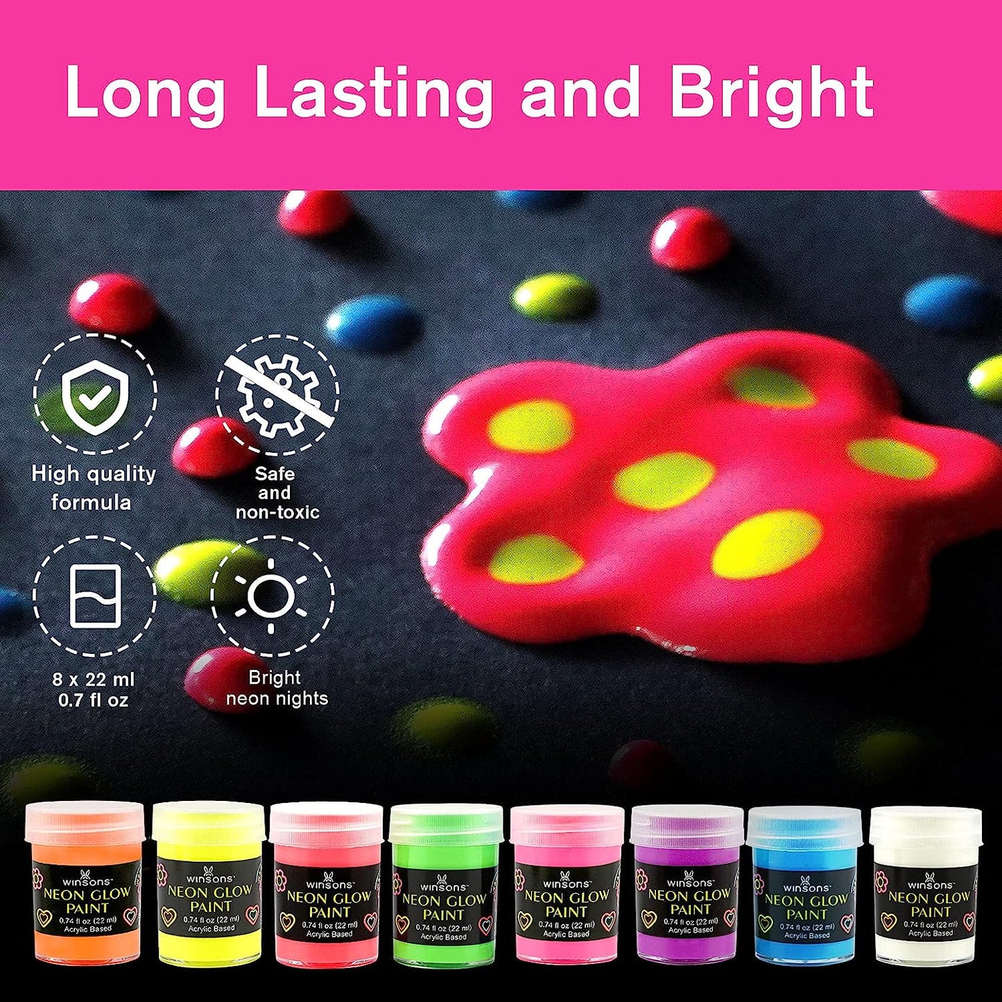 WINSONS Glow in the Dark 8-Color Paint Set, Non-Toxic & Long-Lasting (22ml/0.74 fl. oz.), Neon Paints for Fabric, Canvas & Wood