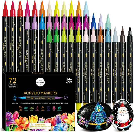 Art+soul Acrylic Paint Markers - 24, 72, 48 Colors Dual Tip Fine & Brush Paint Pens