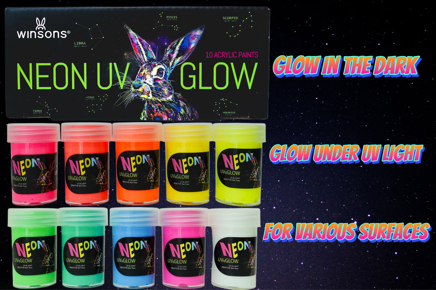 WINSONS NEON UV GLOW 10 Acrylic Paints