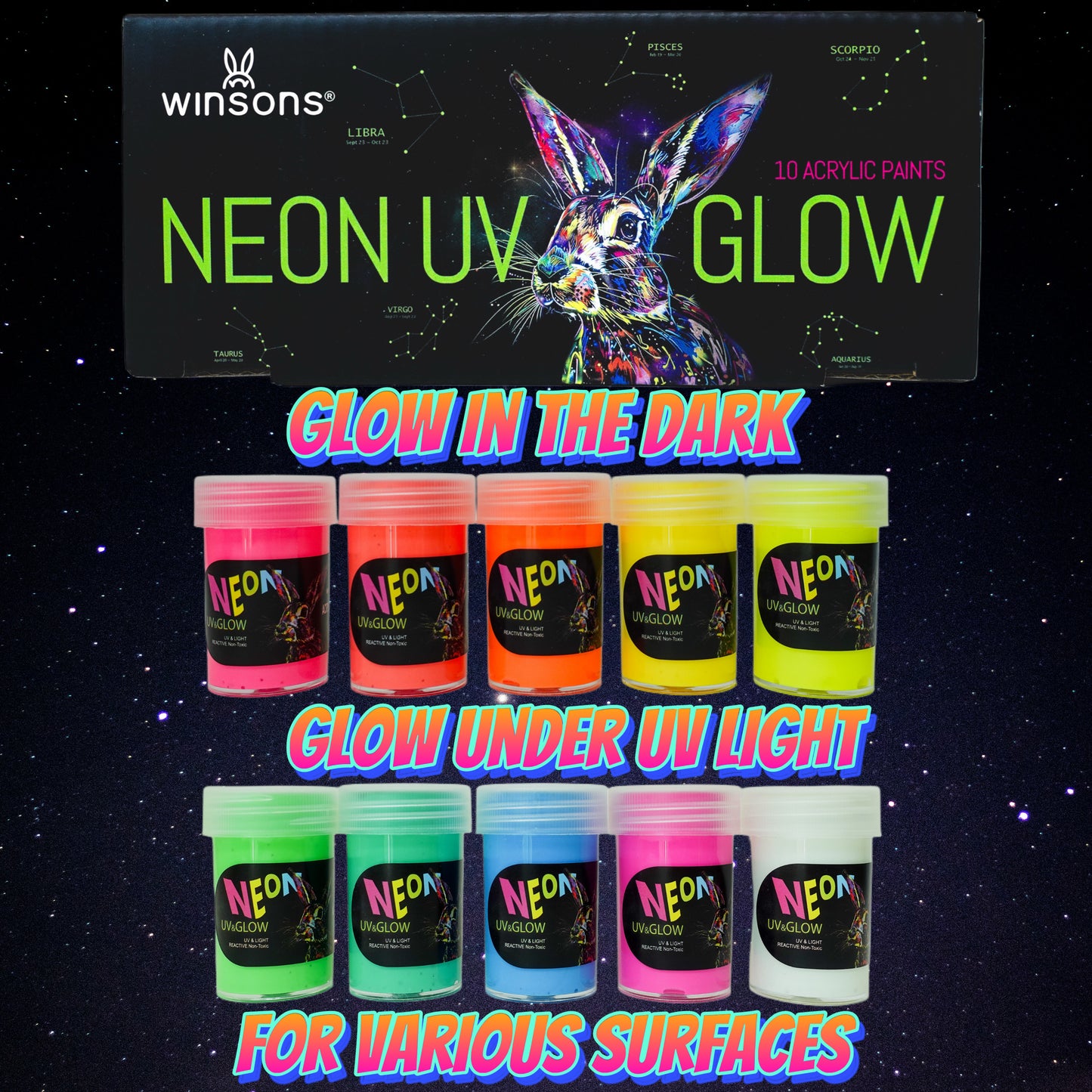 WINSONS NEON UV GLOW 10 Acrylic Paints