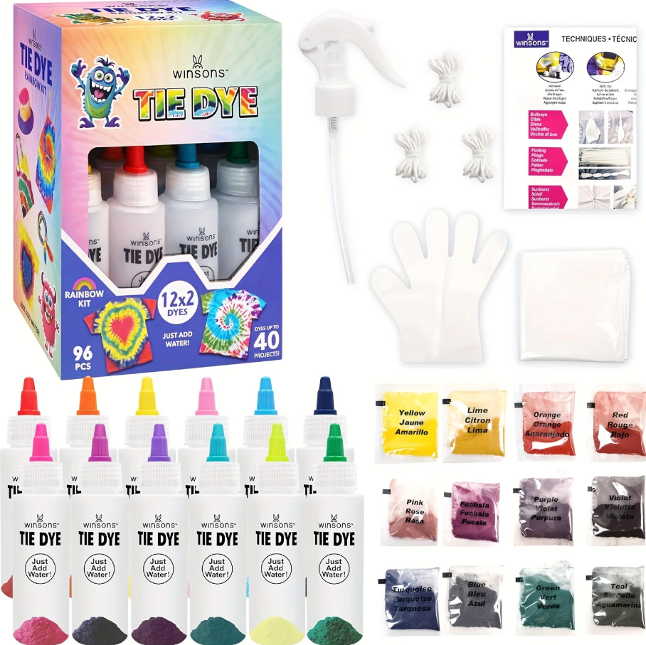 WINSONS Permanent Fabric Tie Dye Kit - 12 Colors, 96pcs, for DIY Creations and Customization
