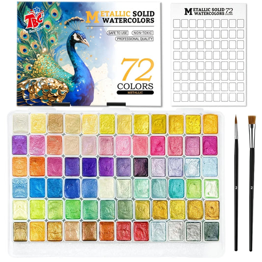 TBC 24,48, 60, 72, 120 Colors Metallic Solid Watercolor Set, 2 Brushes & Palette Included, Art Supplies for Painting/Travel/School, Adult Beginners & Professionals