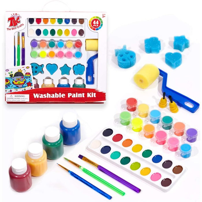 The Best Crafts 44 Piece Painting Kit for Kids Washable Paint Set, Tempera Paint, Semi Moist Watercolor, Finger Paints, Paint Brushes, Sponge Roller