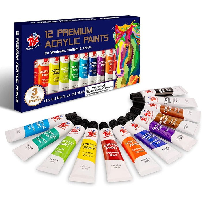 TBC The Best Crafts Acrylic Paint Set in Aluminum Tube with 3 Bonus Brushes