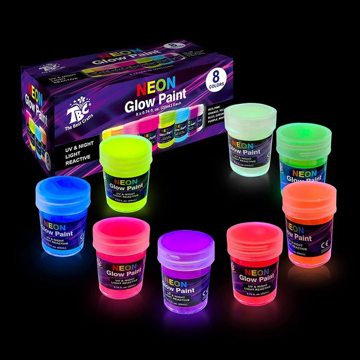 8-Color Glow in The Dark Neon Paint Set (0.74 fl. oz./22 mL Each) for Art & Craft Projects