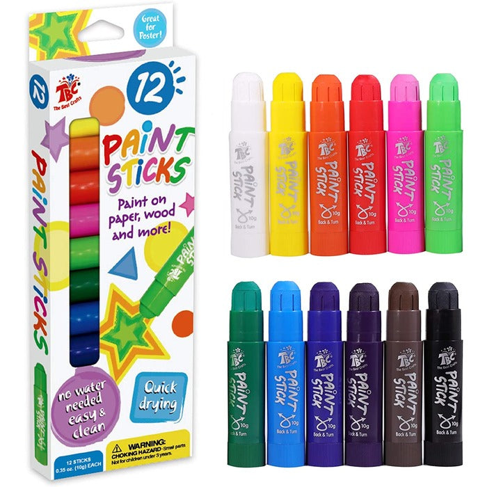 TBC The Best Crafts Paint Sticks, 12 Classic Colors, Washable & Non-Toxic Tempera Paint for Kids & Students
