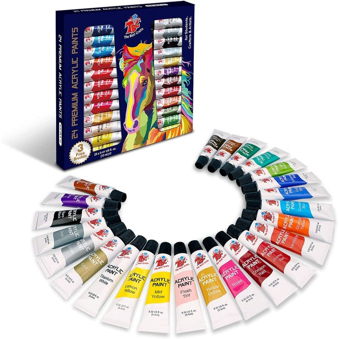 Acrylic Paint Set in Aluminum Tube with 3 Bonus Brushes
