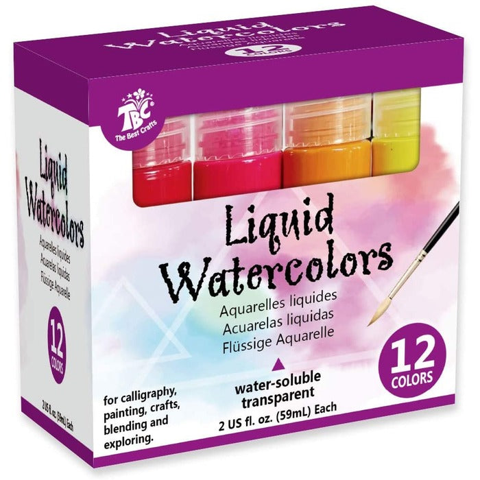 TBC The Best Crafts 12-Color Liquid Watercolor Paint Set (2 oz. Bottles), Water-Based Crafting Kit for Kids & Artists