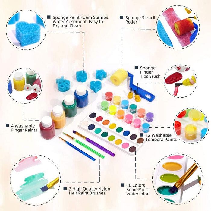 44-Pieces Washable Painting Set with 3 Brushes and Sponge Roller
