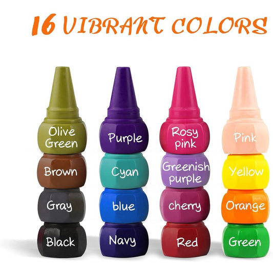 TBC The Best Crafts 16-Color Washable Finger Grip Crayon Block Sticks for Toddlers, Quick-Drying Drawing Set