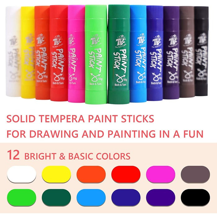 TBC The Best Crafts Paint Sticks, 12 Classic Colors, Washable & Non-Toxic Tempera Paint for Kids & Students
