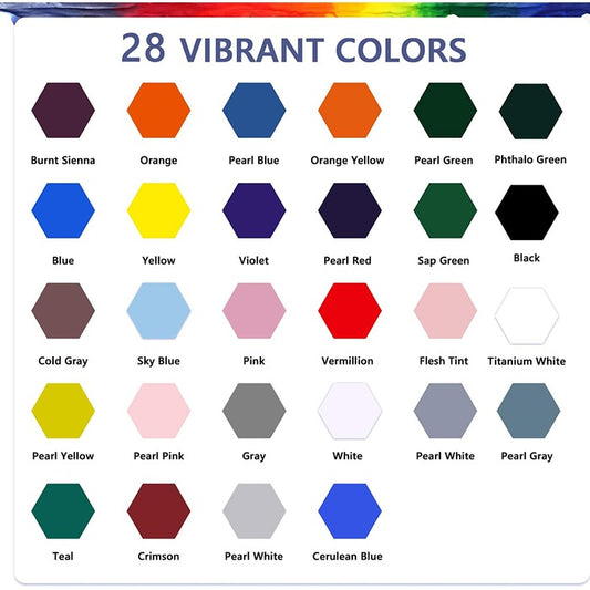 TBC The Best Crafts 28-Color Acrylic Paint Set with Brush & Sponge (Basic, Metallic, Macaron), Non-Toxic Kit for Kids
