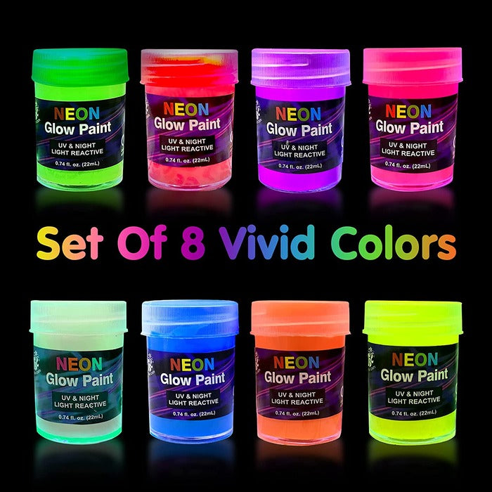 8-Color Glow in The Dark Neon Paint Set (0.74 fl. oz./22 mL Each) for Art & Craft Projects