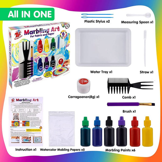 TBC The Best Crafts 6-Color Marbling Paint Set (19 ml/0.64 fl. oz) with Brush & Comb, Non-Toxic Kit for Kids & Students