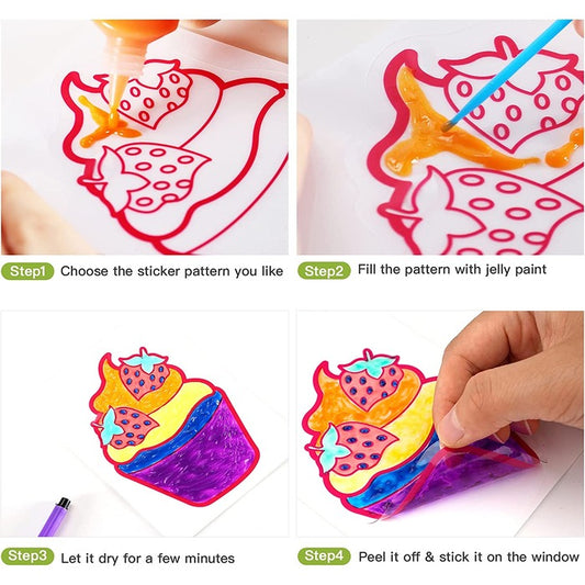 TBC The Best Crafts 6 Colors Jelly Paint Window Cling Sticker Set with 3 Washable Markers