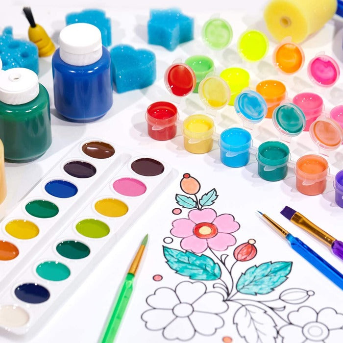 44-Pieces Washable Painting Set with 3 Brushes and Sponge Roller
