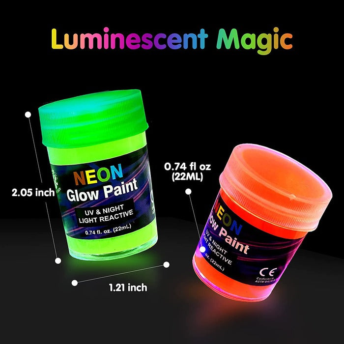 8-Color Glow in The Dark Neon Paint Set (0.74 fl. oz./22 mL Each) for Art & Craft Projects