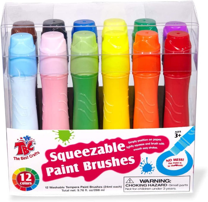 TBC The Best Crafts Squeezable Brush Paint Set, 12 Assorted Basic, Neon & Pastel Colors (24ml Each), Refillable Kit for Kids & Students