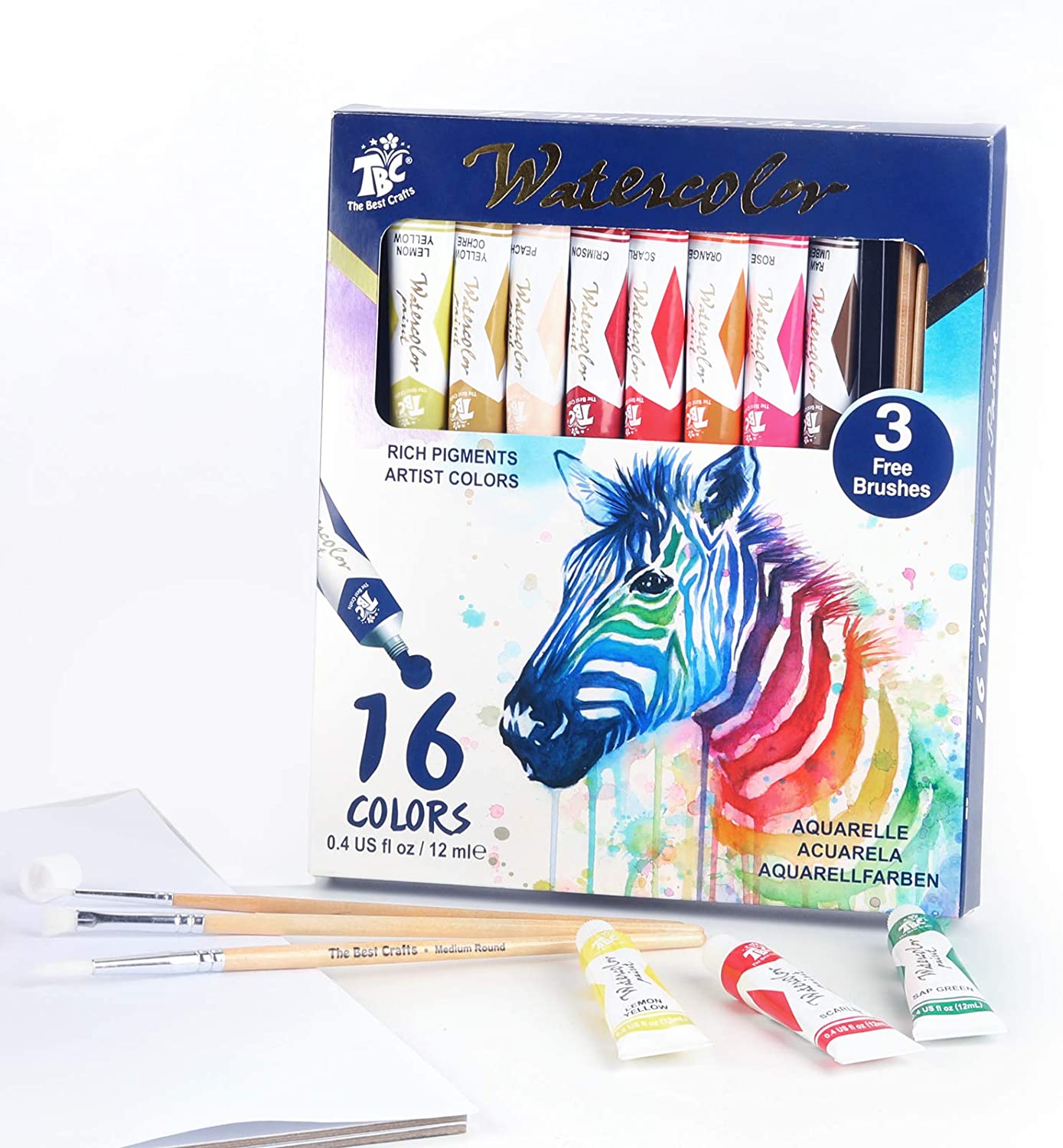TBC The Best Crafts Watercolor Paint Set, 16 Tubes(12ml/0.4oz) Water Colors, Rich Pigments, Artist Colors