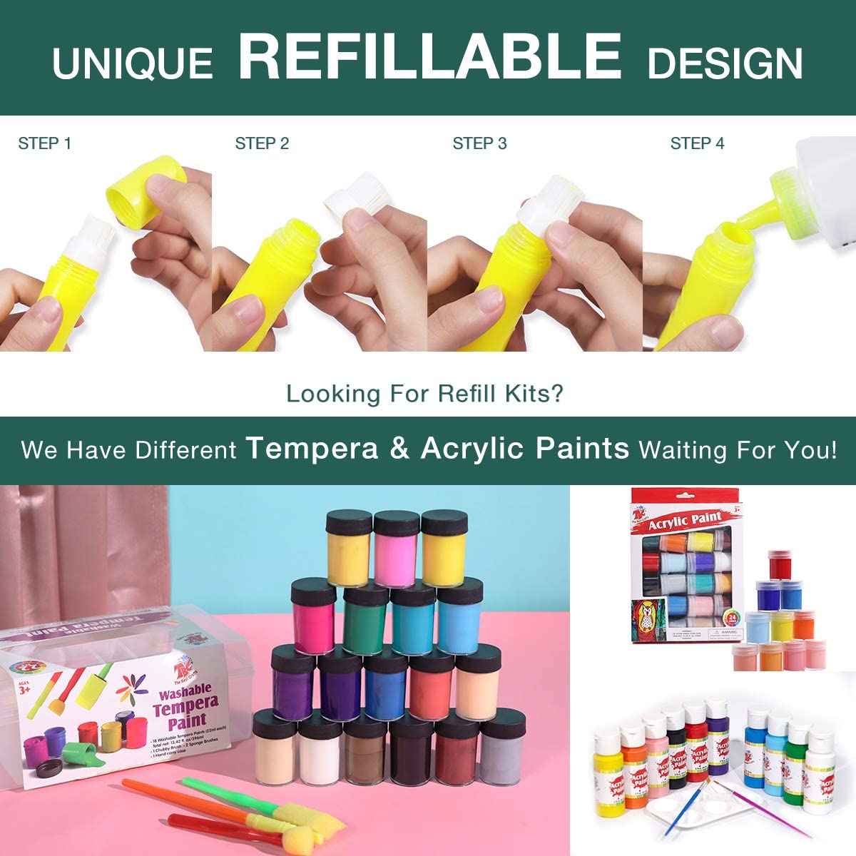 TBC The Best Crafts Squeezable Brush Paint Set, 12 Assorted Basic, Neon & Pastel Colors (24ml Each), Refillable Kit for Kids & Students
