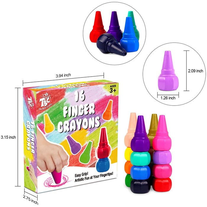 TBC The Best Crafts 16-Color Washable Finger Grip Crayon Block Sticks for Toddlers, Quick-Drying Drawing Set