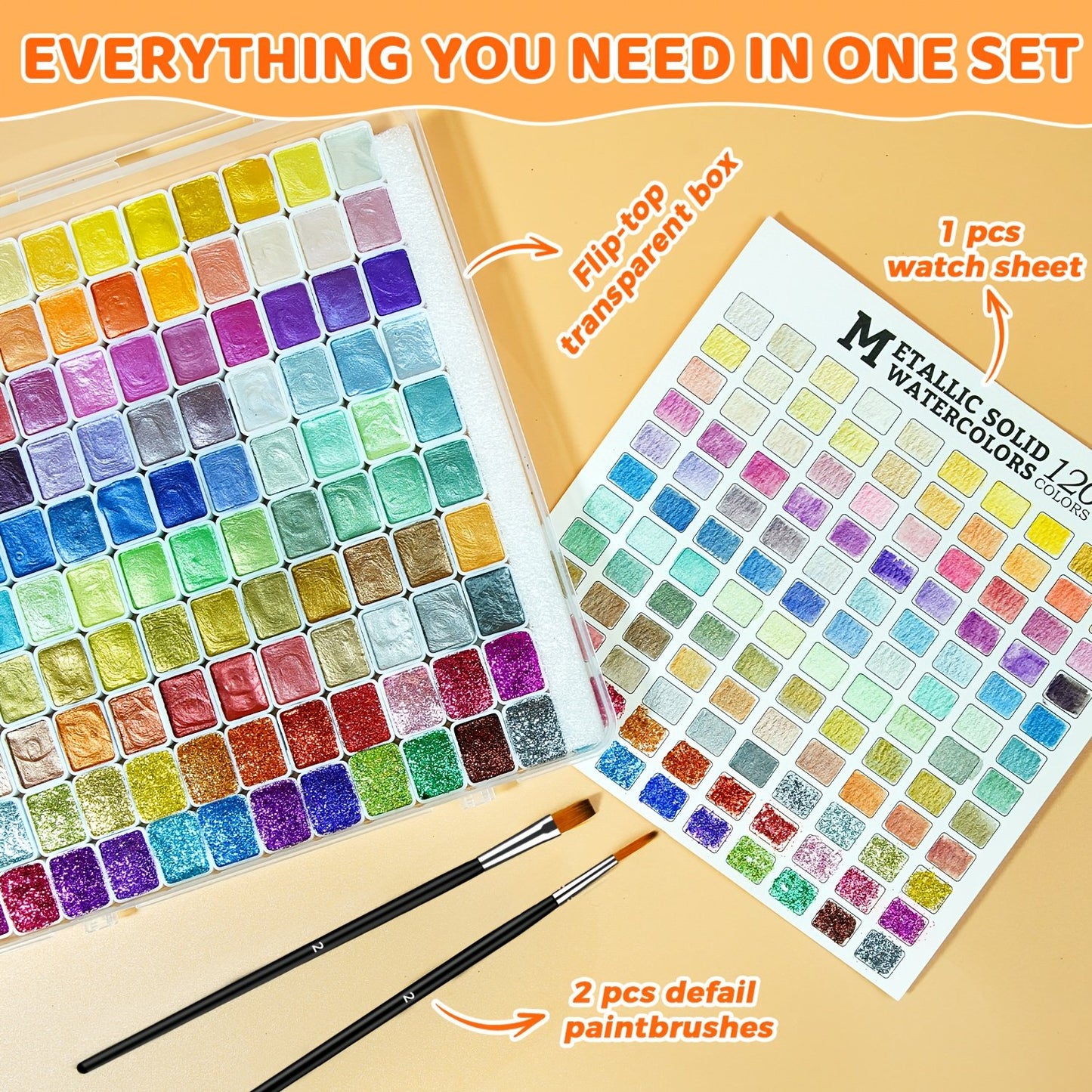 TBC 120 Colors Metallic Solid Watercolor Set, 2 Brushes & Palette Included, Art Supplies for Painting/Travel/School, Adult Beginners & Professionals