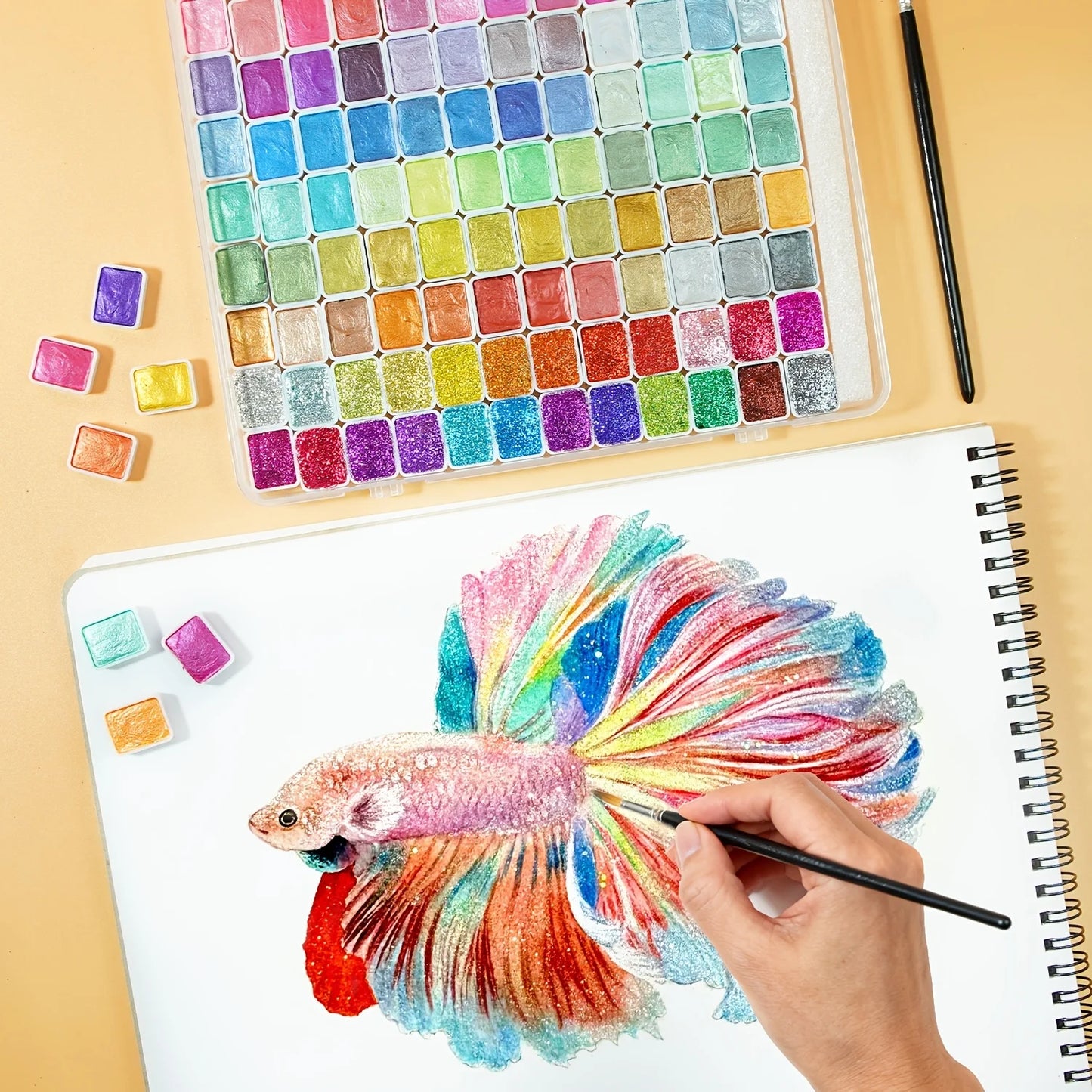 TBC 120 Colors Metallic Solid Watercolor Set, 2 Brushes & Palette Included, Art Supplies for Painting/Travel/School, Adult Beginners & Professionals