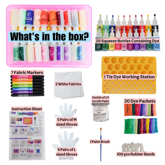 WINSONS Tie Dye Workstation 174pcs Set, 20 Bottles & Refills, 1 UV Acrylic Paint, DIY Fabric Art Kit