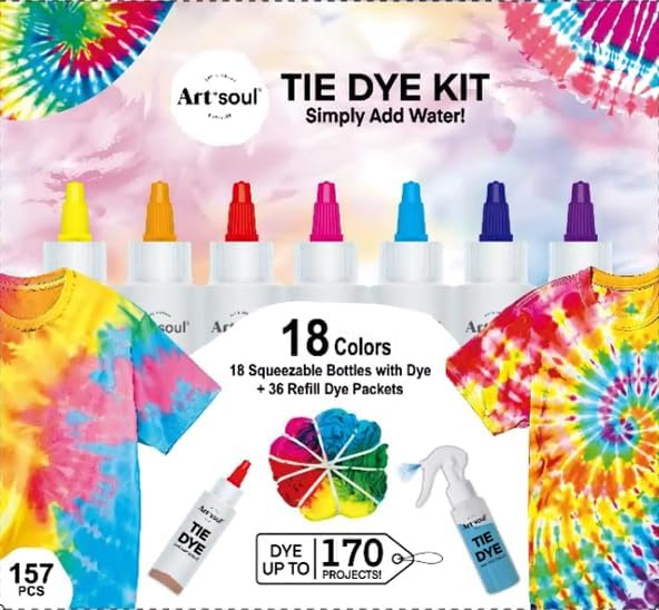 Art+soul 18 Colors Tie Dye Kit with Bonus Tie Dye Powder Refiils Packs,DIY Fabric Dyeing Kit Includes Rubber Bands, Gloves, Guide Book Perfect for Arts & Crafts, Family Party, Birthday Gifts