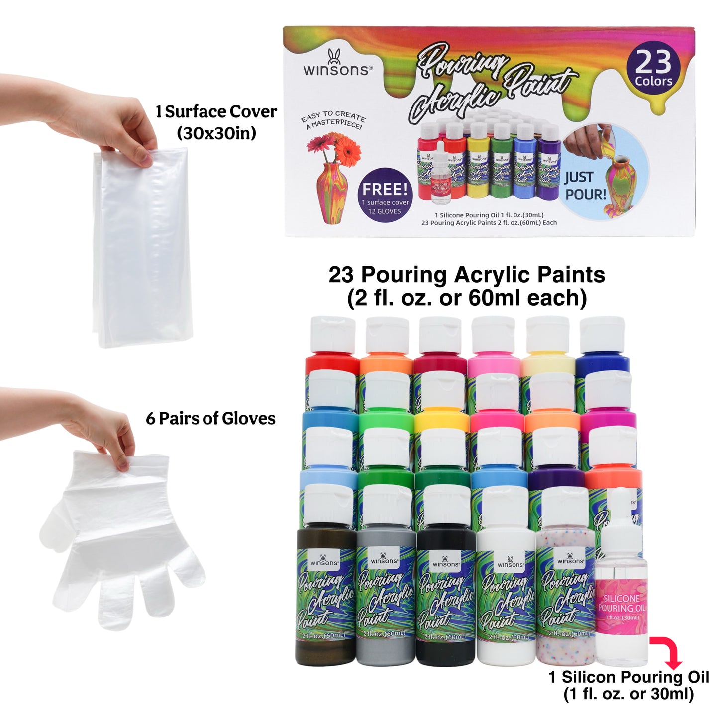 TBC The Best Crafts Acrylic Pouring Paint, 23 Bottles (2 fl oz/60 ml each), Vibrant Non-Toxic Pre-Mixed High Flow Paint