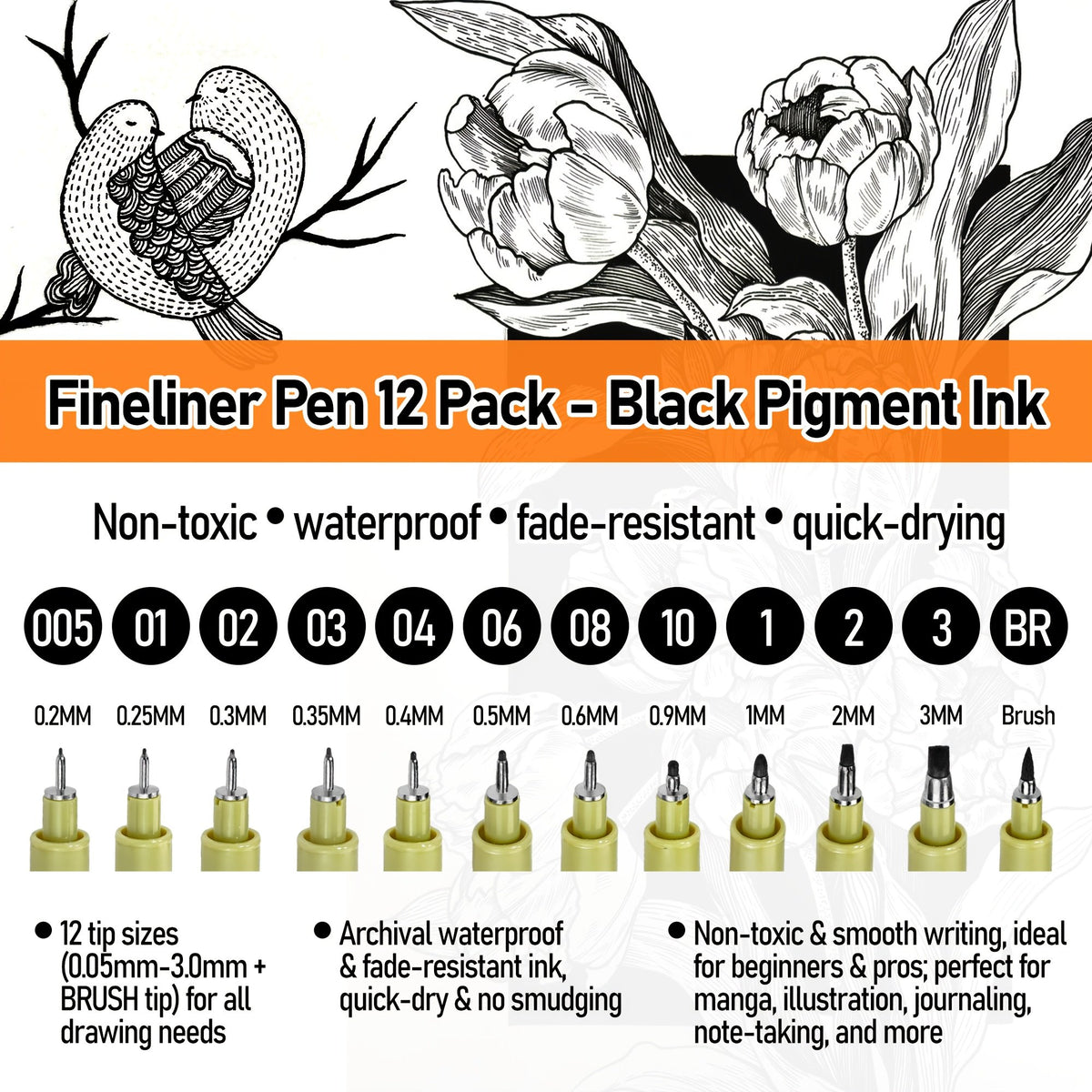 TBC 12-Pack Fineliner Pens, Black Waterproof Archival Pigment Ink, Quick Dry No Bleed Fade-Resistant Fine Point Art Pens for Sketching, Anime, Manga, Watercolor, Drawing, Journaling